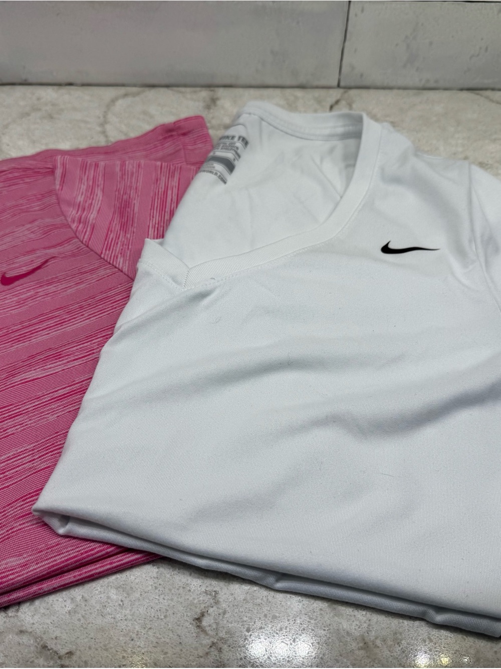 Set of 2 Nike womens Short-Sleeve V-Neck Athletic Tops - White & Pink